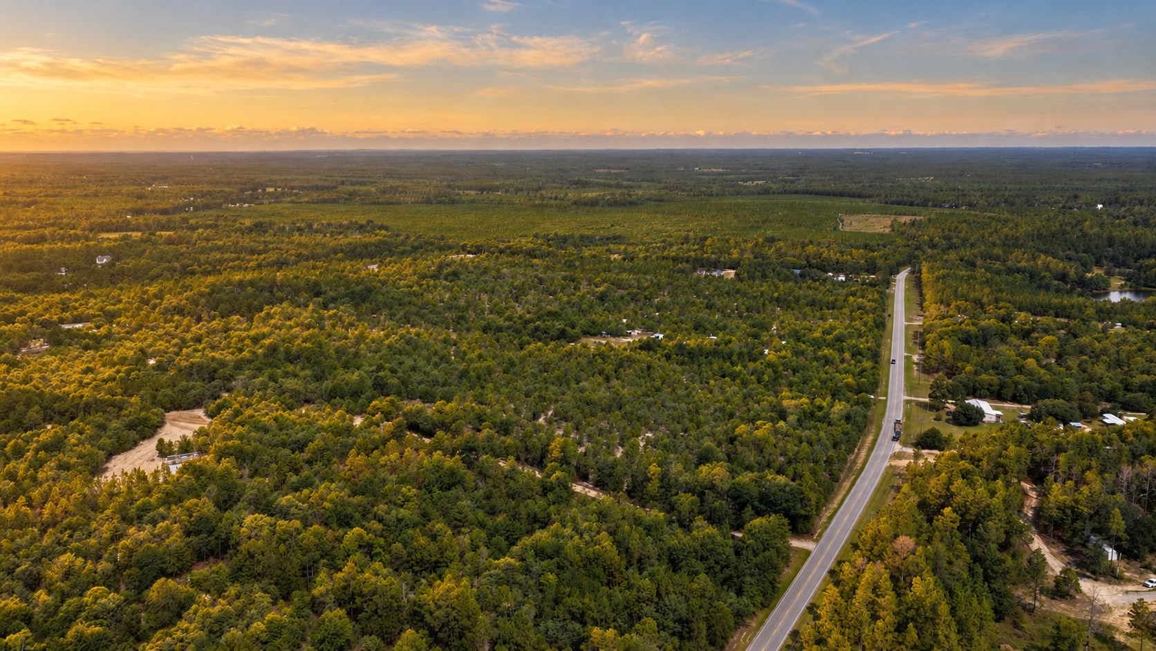 Golden-hour lighting edit of the Kershaw County aerial
