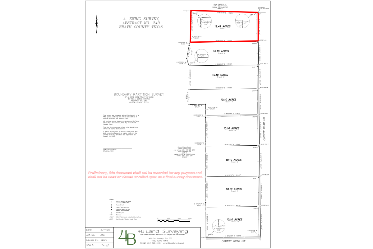 Preliminary survey overview. The red outline identifies the 12.49-acre Tract 1.