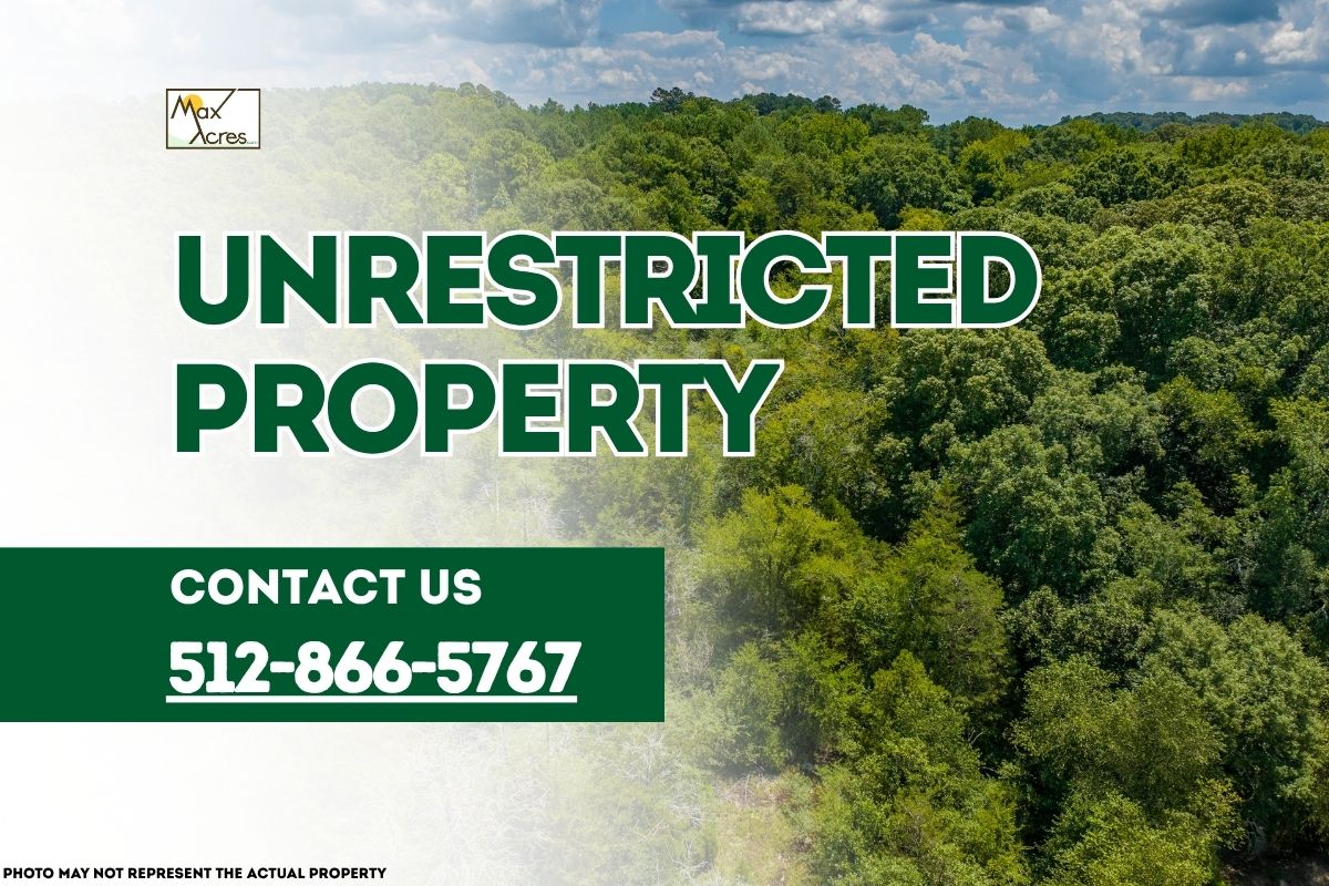 Aerial view of lush green wooded land with text overlay reading "Unrestricted Property – Contact 512-866-5767" by Max Acres.