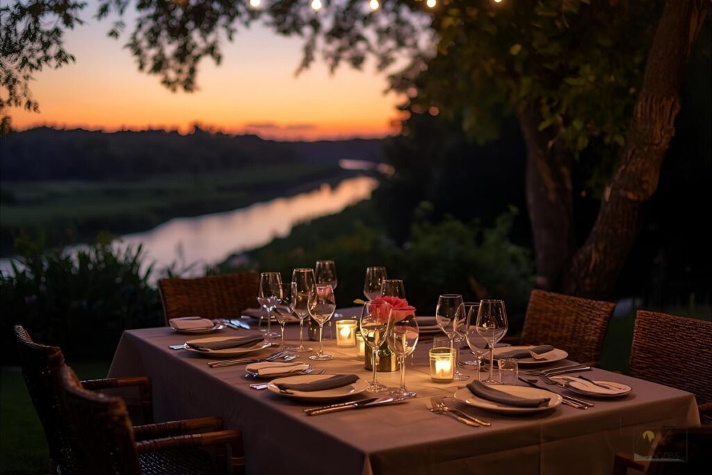 Dinner table set by the river during sunset, showcasing peaceful waterfront living on Jennings Lane.