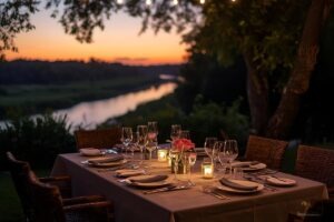 Dinner table set by the river during sunset, showcasing peaceful waterfront living on Jennings Lane.