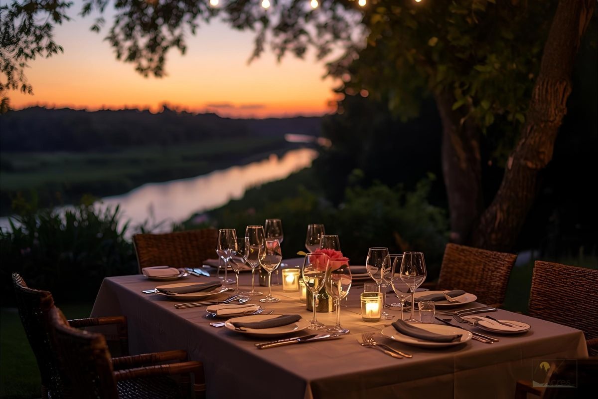 Dinner table set by the river during sunset, showcasing peaceful waterfront living on Jennings Lane.